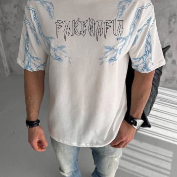 Erkek Bisiklet Yaka Yıldırım Baskılı  Kısa kol T-Shirt - Beyaz